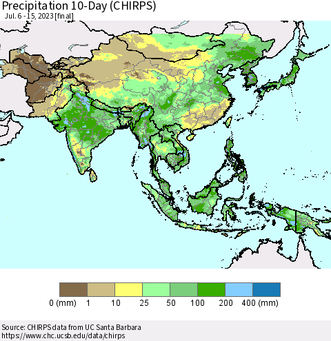 Asia Precipitation 10-Day (CHIRPS) Thematic Map For 7/6/2023 - 7/15/2023