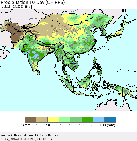 Asia Precipitation 10-Day (CHIRPS) Thematic Map For 7/16/2023 - 7/25/2023