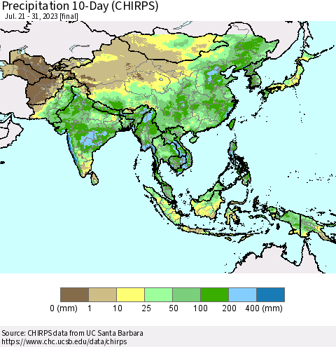 Asia Precipitation 10-Day (CHIRPS) Thematic Map For 7/21/2023 - 7/31/2023