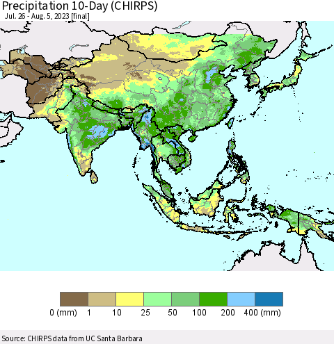 Asia Precipitation 10-Day (CHIRPS) Thematic Map For 7/26/2023 - 8/5/2023