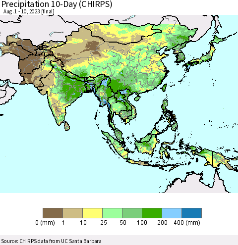 Asia Precipitation 10-Day (CHIRPS) Thematic Map For 8/1/2023 - 8/10/2023