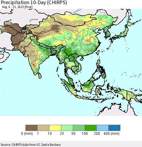 Asia Precipitation 10-Day (CHIRPS) Thematic Map For 8/6/2023 - 8/15/2023