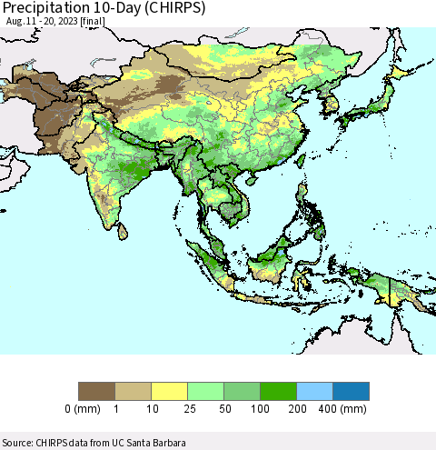 Asia Precipitation 10-Day (CHIRPS) Thematic Map For 8/11/2023 - 8/20/2023