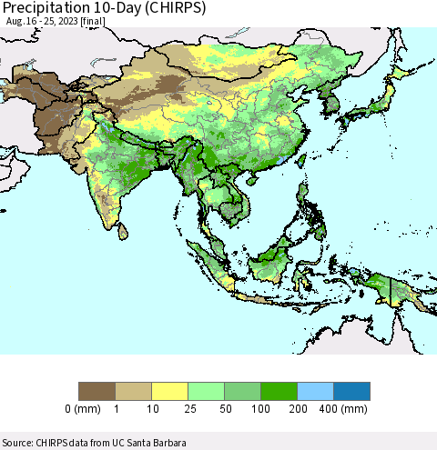 Asia Precipitation 10-Day (CHIRPS) Thematic Map For 8/16/2023 - 8/25/2023