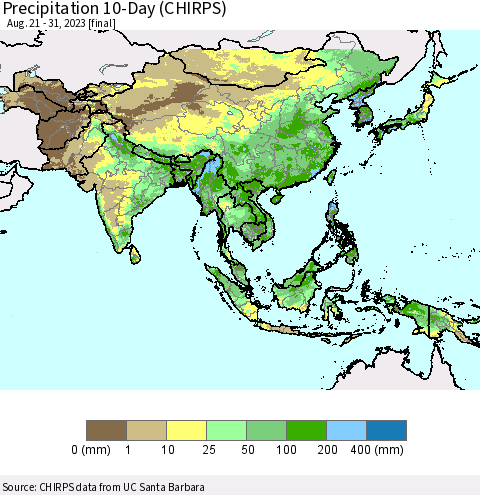 Asia Precipitation 10-Day (CHIRPS) Thematic Map For 8/21/2023 - 8/31/2023