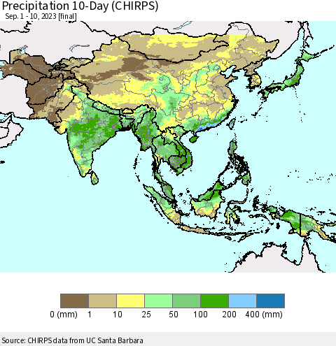 Asia Precipitation 10-Day (CHIRPS) Thematic Map For 9/1/2023 - 9/10/2023