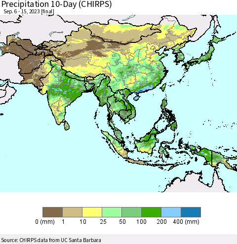 Asia Precipitation 10-Day (CHIRPS) Thematic Map For 9/6/2023 - 9/15/2023