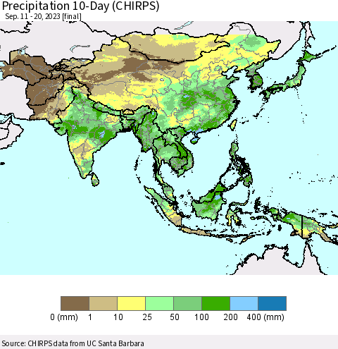 Asia Precipitation 10-Day (CHIRPS) Thematic Map For 9/11/2023 - 9/20/2023