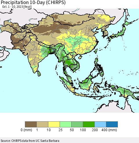 Asia Precipitation 10-Day (CHIRPS) Thematic Map For 10/1/2023 - 10/10/2023