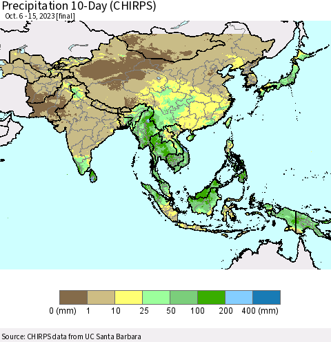 Asia Precipitation 10-Day (CHIRPS) Thematic Map For 10/6/2023 - 10/15/2023