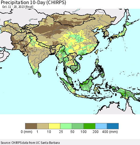 Asia Precipitation 10-Day (CHIRPS) Thematic Map For 10/11/2023 - 10/20/2023