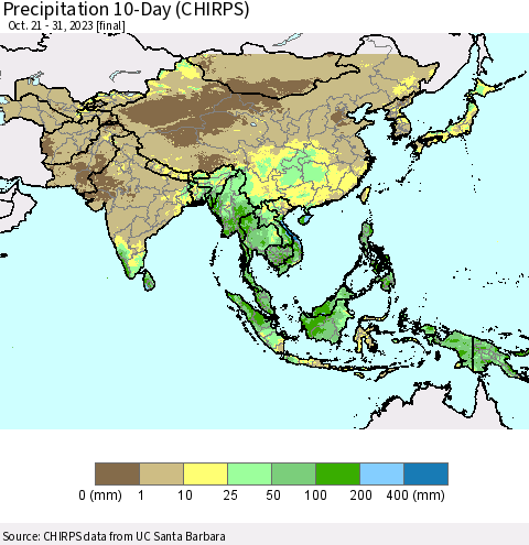 Asia Precipitation 10-Day (CHIRPS) Thematic Map For 10/21/2023 - 10/31/2023
