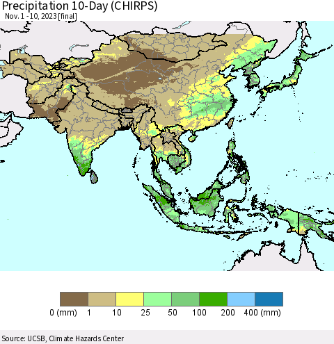 Asia Precipitation 10-Day (CHIRPS) Thematic Map For 11/1/2023 - 11/10/2023