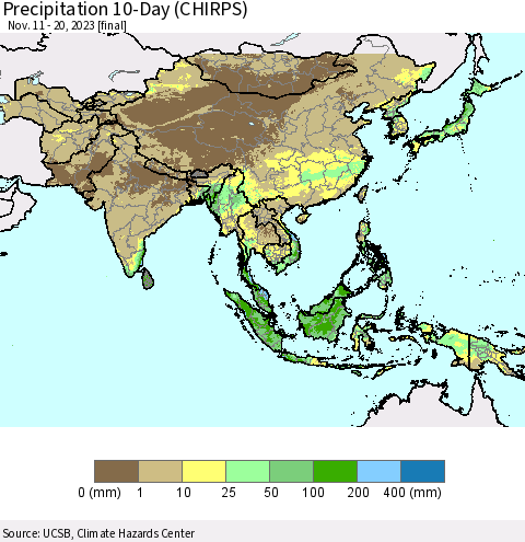 Asia Precipitation 10-Day (CHIRPS) Thematic Map For 11/11/2023 - 11/20/2023