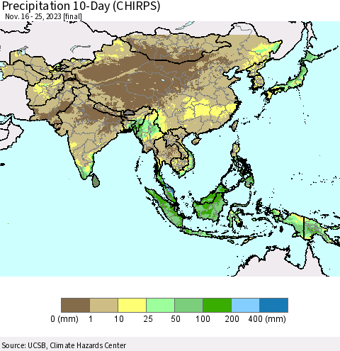 Asia Precipitation 10-Day (CHIRPS) Thematic Map For 11/16/2023 - 11/25/2023