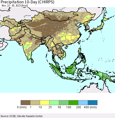 Asia Precipitation 10-Day (CHIRPS) Thematic Map For 11/21/2023 - 11/30/2023