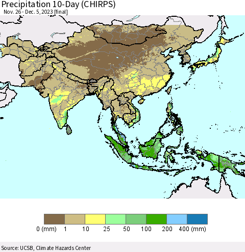 Asia Precipitation 10-Day (CHIRPS) Thematic Map For 11/26/2023 - 12/5/2023
