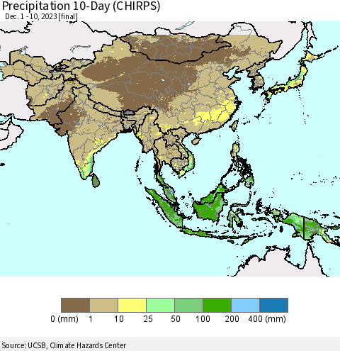 Asia Precipitation 10-Day (CHIRPS) Thematic Map For 12/1/2023 - 12/10/2023