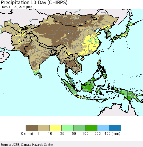 Asia Precipitation 10-Day (CHIRPS) Thematic Map For 12/11/2023 - 12/20/2023