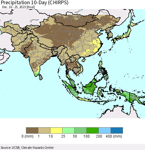 Asia Precipitation 10-Day (CHIRPS) Thematic Map For 12/16/2023 - 12/25/2023