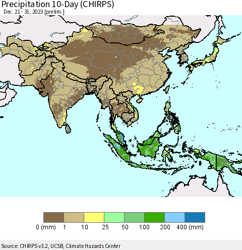Asia Precipitation 10-Day (CHIRPS) Thematic Map For 12/21/2023 - 12/31/2023