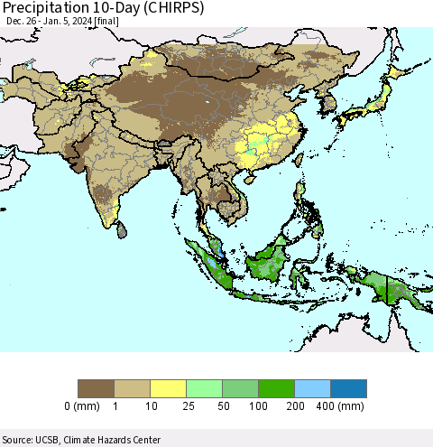 Asia Precipitation 10-Day (CHIRPS) Thematic Map For 12/26/2023 - 1/5/2024