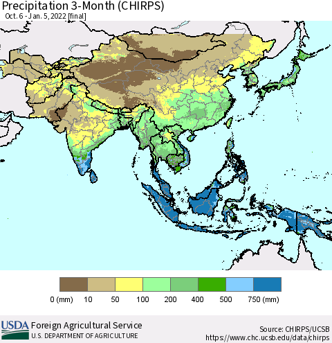 Asia Precipitation 3-Month (CHIRPS) Thematic Map For 10/6/2021 - 1/5/2022