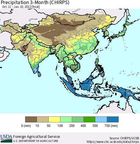 Asia Precipitation 3-Month (CHIRPS) Thematic Map For 10/11/2021 - 1/10/2022
