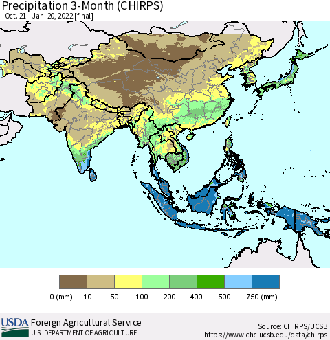 Asia Precipitation 3-Month (CHIRPS) Thematic Map For 10/21/2021 - 1/20/2022