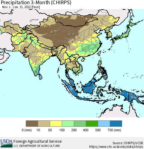 Asia Precipitation 3-Month (CHIRPS) Thematic Map For 11/1/2021 - 1/31/2022