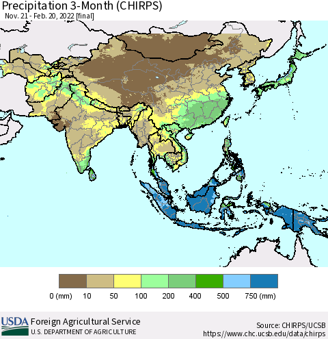 Asia Precipitation 3-Month (CHIRPS) Thematic Map For 11/21/2021 - 2/20/2022