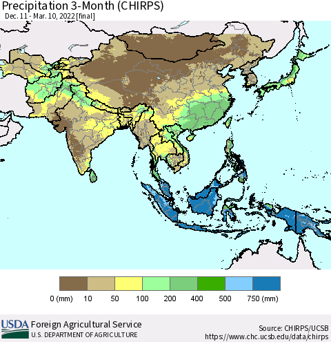 Asia Precipitation 3-Month (CHIRPS) Thematic Map For 12/11/2021 - 3/10/2022