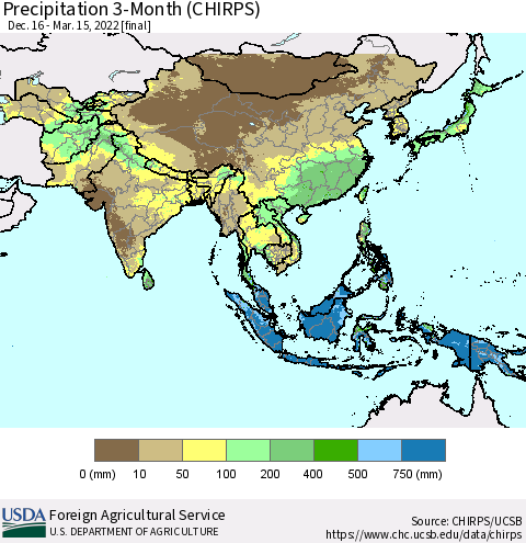 Asia Precipitation 3-Month (CHIRPS) Thematic Map For 12/16/2021 - 3/15/2022