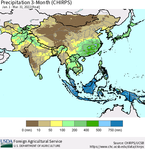 Asia Precipitation 3-Month (CHIRPS) Thematic Map For 1/1/2022 - 3/31/2022