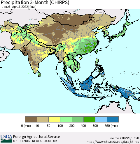 Asia Precipitation 3-Month (CHIRPS) Thematic Map For 1/6/2022 - 4/5/2022