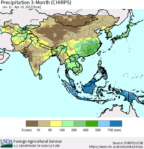 Asia Precipitation 3-Month (CHIRPS) Thematic Map For 1/11/2022 - 4/10/2022