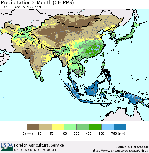 Asia Precipitation 3-Month (CHIRPS) Thematic Map For 1/16/2022 - 4/15/2022