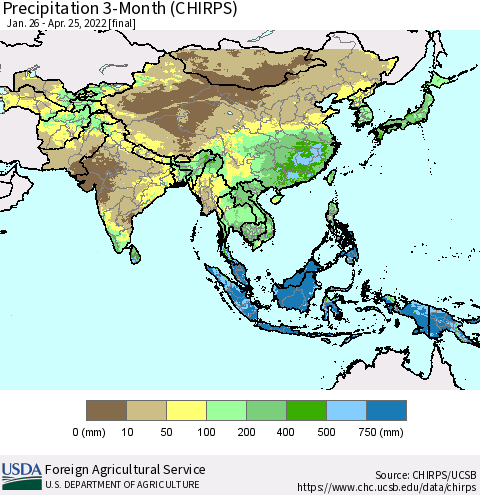 Asia Precipitation 3-Month (CHIRPS) Thematic Map For 1/26/2022 - 4/25/2022