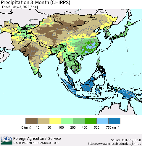Asia Precipitation 3-Month (CHIRPS) Thematic Map For 2/6/2022 - 5/5/2022