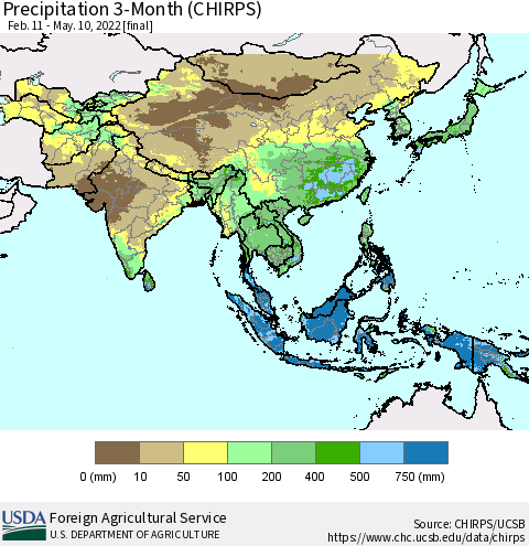 Asia Precipitation 3-Month (CHIRPS) Thematic Map For 2/11/2022 - 5/10/2022
