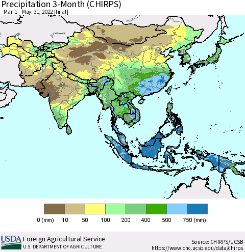 Asia Precipitation 3-Month (CHIRPS) Thematic Map For 3/1/2022 - 5/31/2022
