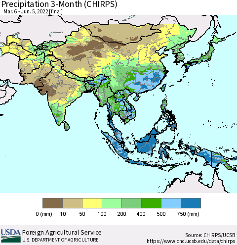 Asia Precipitation 3-Month (CHIRPS) Thematic Map For 3/6/2022 - 6/5/2022