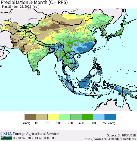 Asia Precipitation 3-Month (CHIRPS) Thematic Map For 3/26/2022 - 6/25/2022
