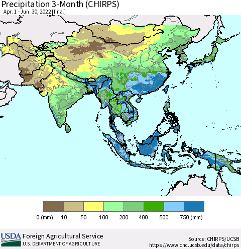 Asia Precipitation 3-Month (CHIRPS) Thematic Map For 4/1/2022 - 6/30/2022