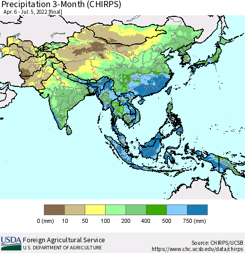 Asia Precipitation 3-Month (CHIRPS) Thematic Map For 4/6/2022 - 7/5/2022
