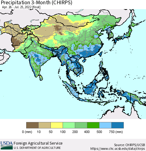 Asia Precipitation 3-Month (CHIRPS) Thematic Map For 4/26/2022 - 7/25/2022