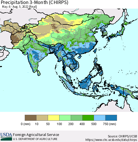 Asia Precipitation 3-Month (CHIRPS) Thematic Map For 5/6/2022 - 8/5/2022