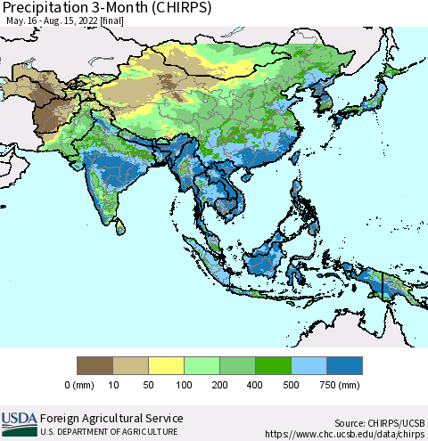 Asia Precipitation 3-Month (CHIRPS) Thematic Map For 5/16/2022 - 8/15/2022