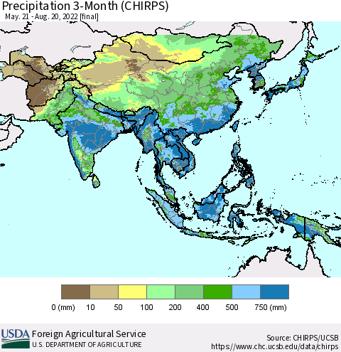 Asia Precipitation 3-Month (CHIRPS) Thematic Map For 5/21/2022 - 8/20/2022
