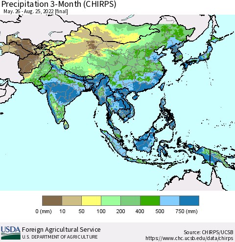 Asia Precipitation 3-Month (CHIRPS) Thematic Map For 5/26/2022 - 8/25/2022